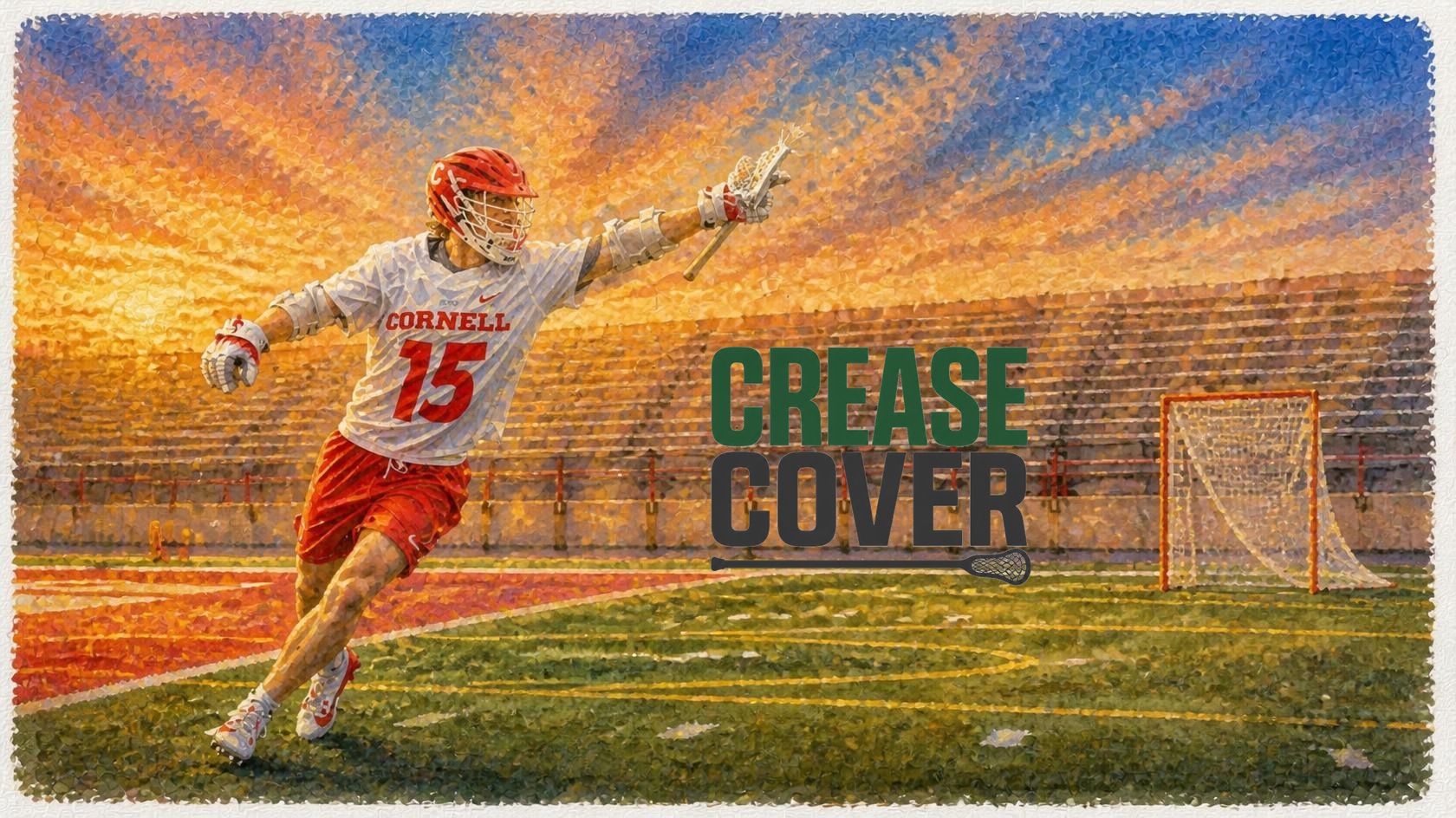 Watercolor of a Cornell lacrosse player with the Crease Cover logo, SI art by Higgie