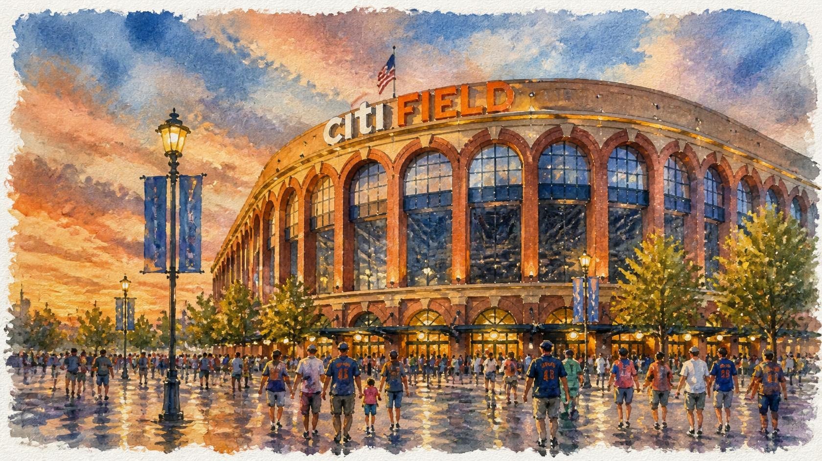 Watercolor of Citi Field at sunset, SI art by Higgie